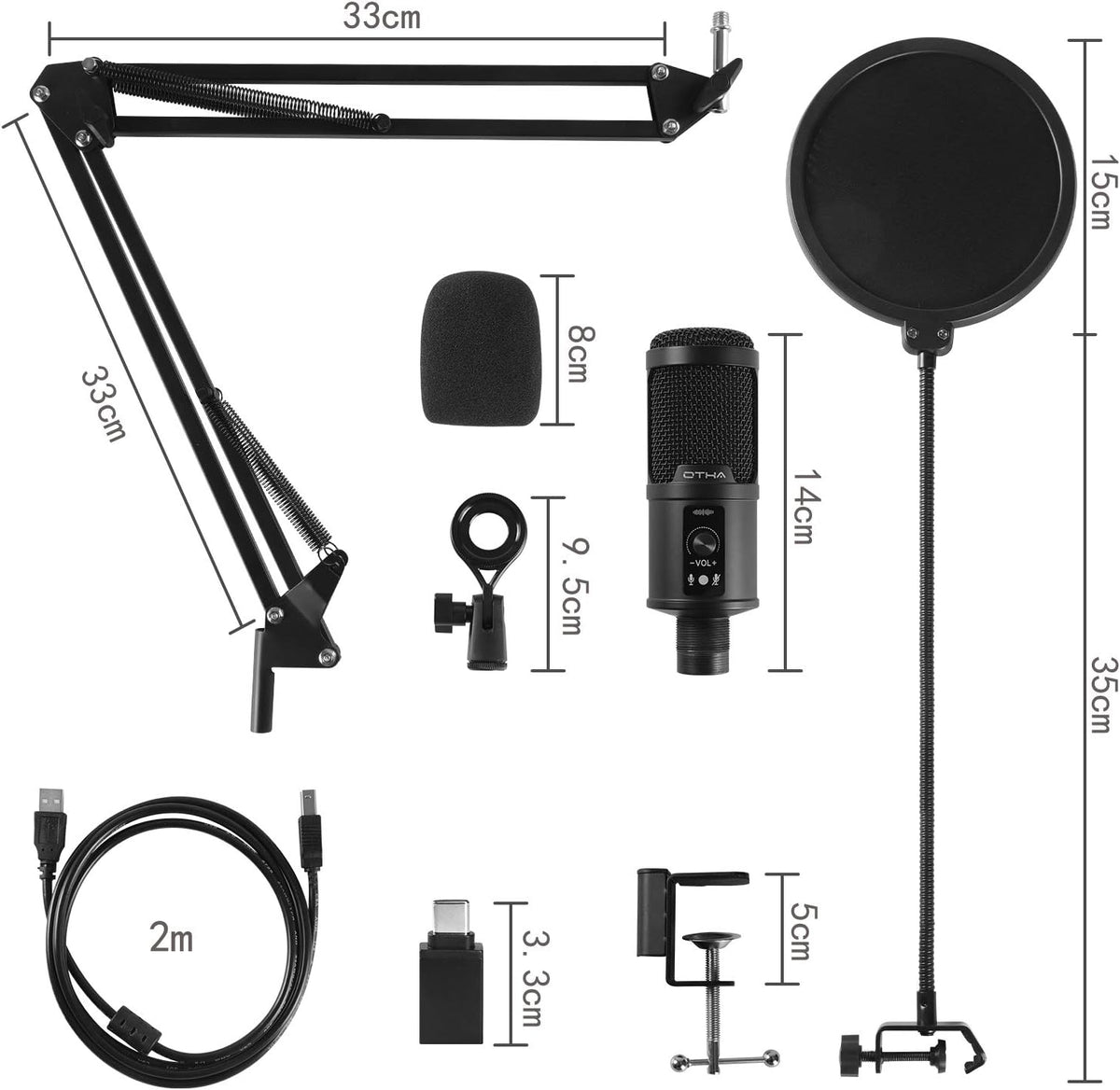 USB Condenser Microphone Kit with Adjustable Scissor Arm Stand A123