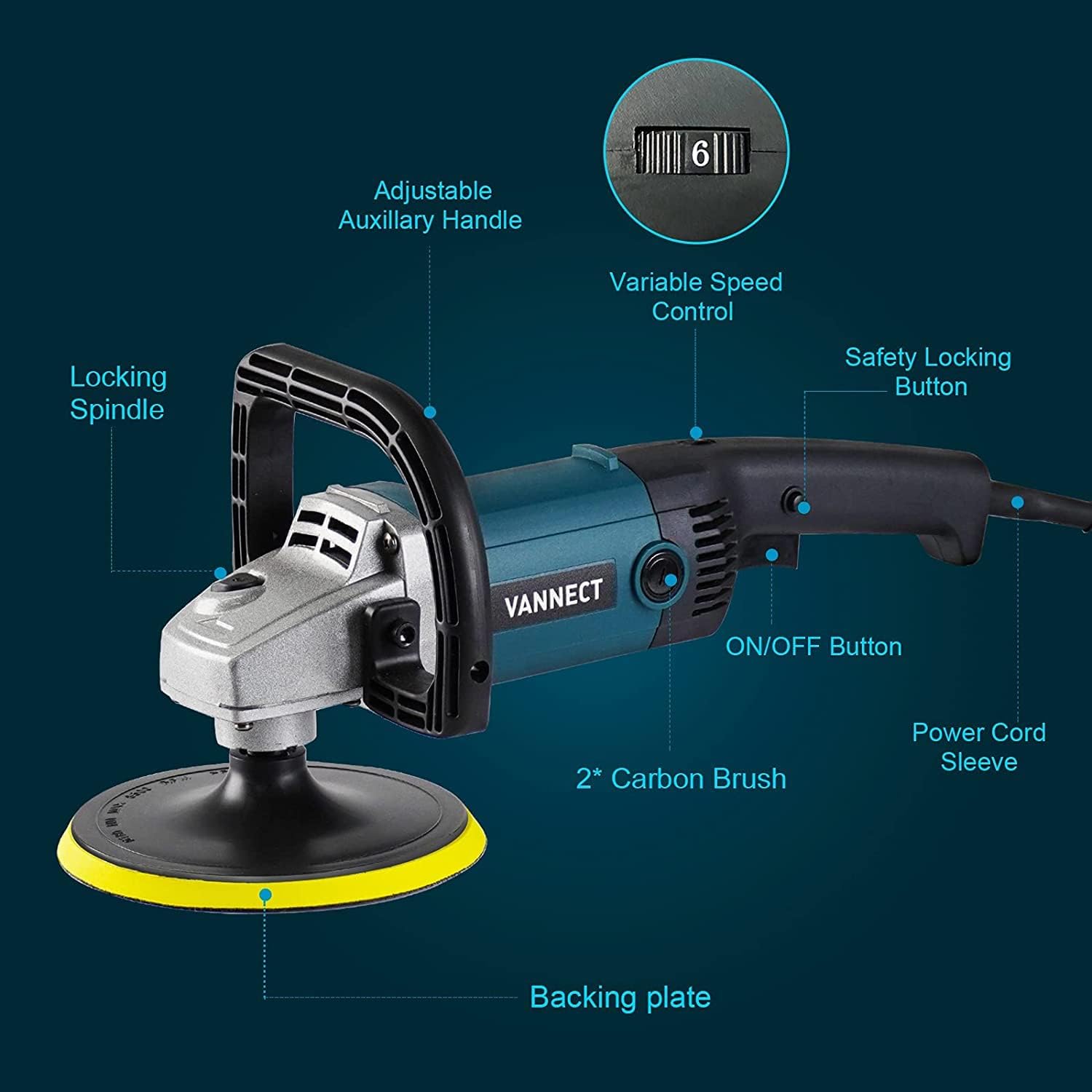 1200W 7-inch Car Polisher with 6 Variable Speed, 5 Foam Pads P8576