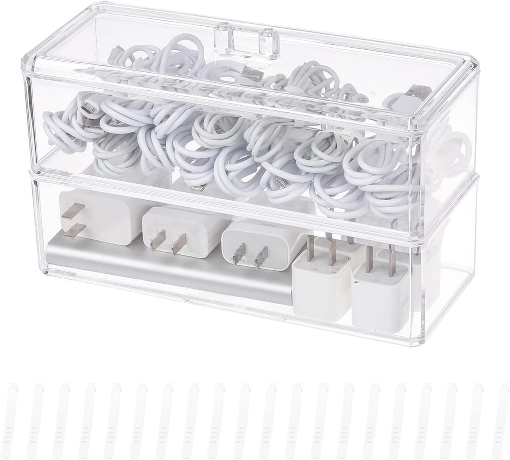 Plastic Electronics Organizer with Lid and 20 Wire Ties, Clear Cable Management Box, Stackable Desk Drawer Storage (2 Pack) V4937