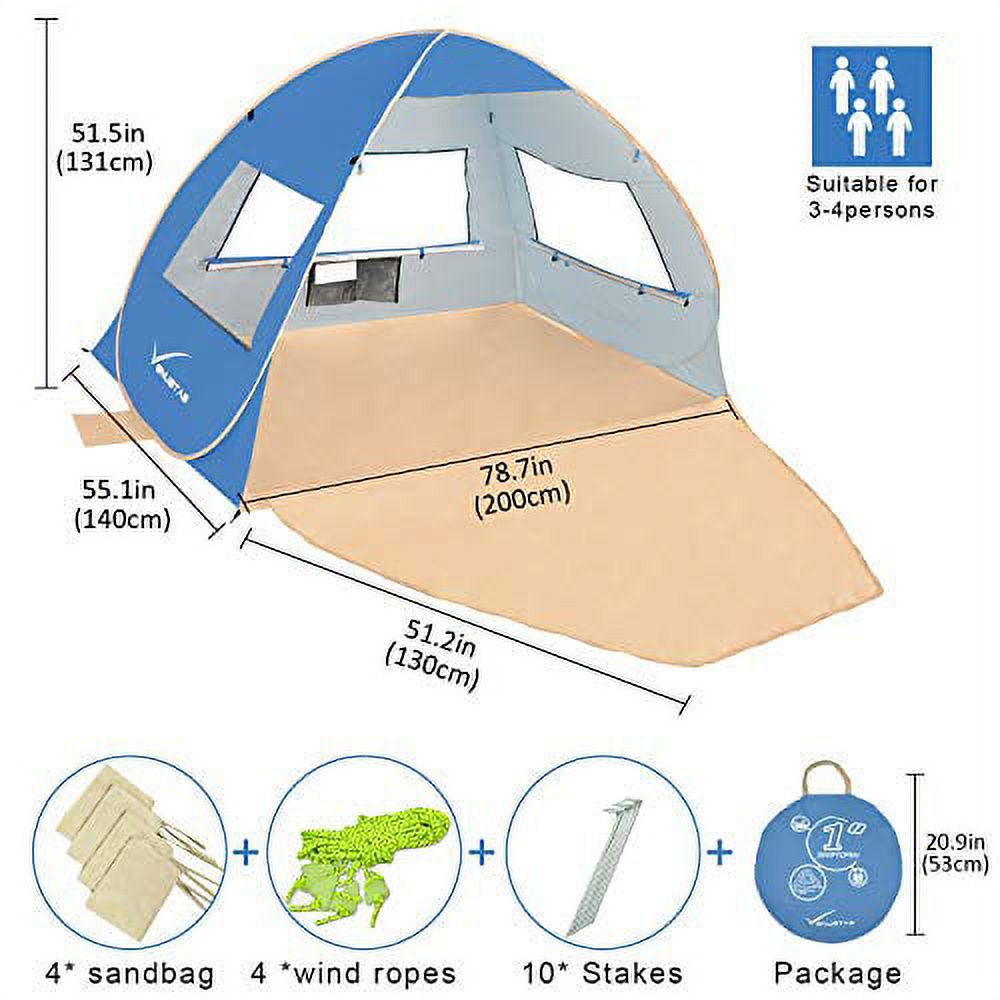 Large Pop Up Beach Tent Automatic Sun Shelter 3-4 Person Anti-UV Portable Beach Canopy F4637