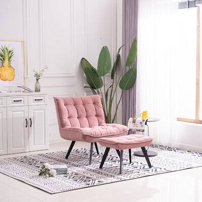 Beige White Soft Velvet Accent Chair with Ottoman Black Legs Y93458
