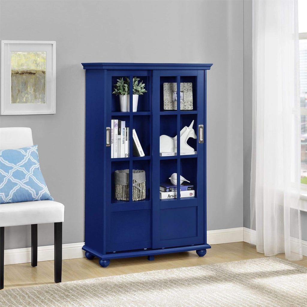 Black Bookcase with Sliding Glass Doors P7960