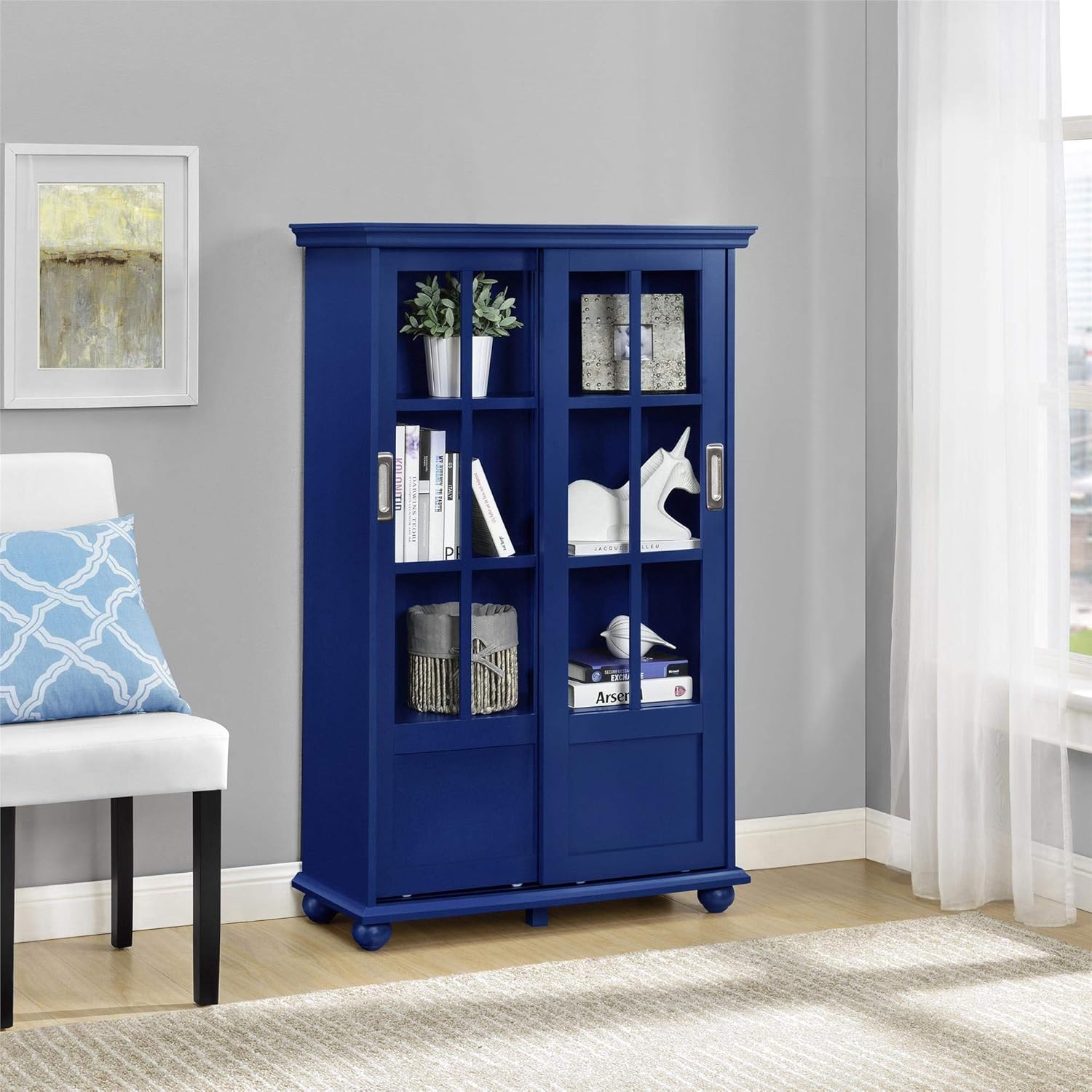 Black Bookcase with Sliding Glass Doors P7960