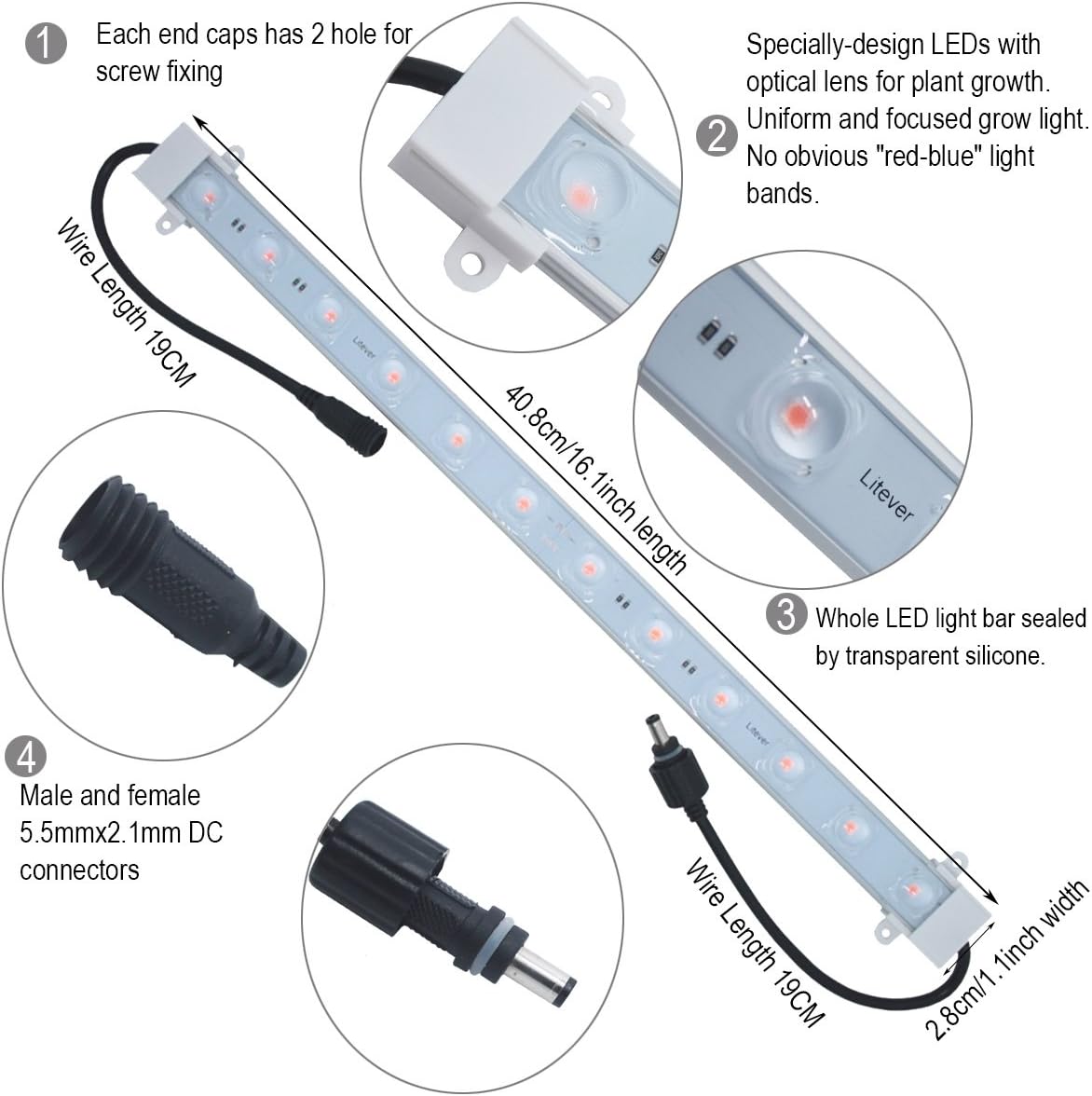 4 pcs 16 Inches LED Grow Light Strips with Extension Cables Y880112