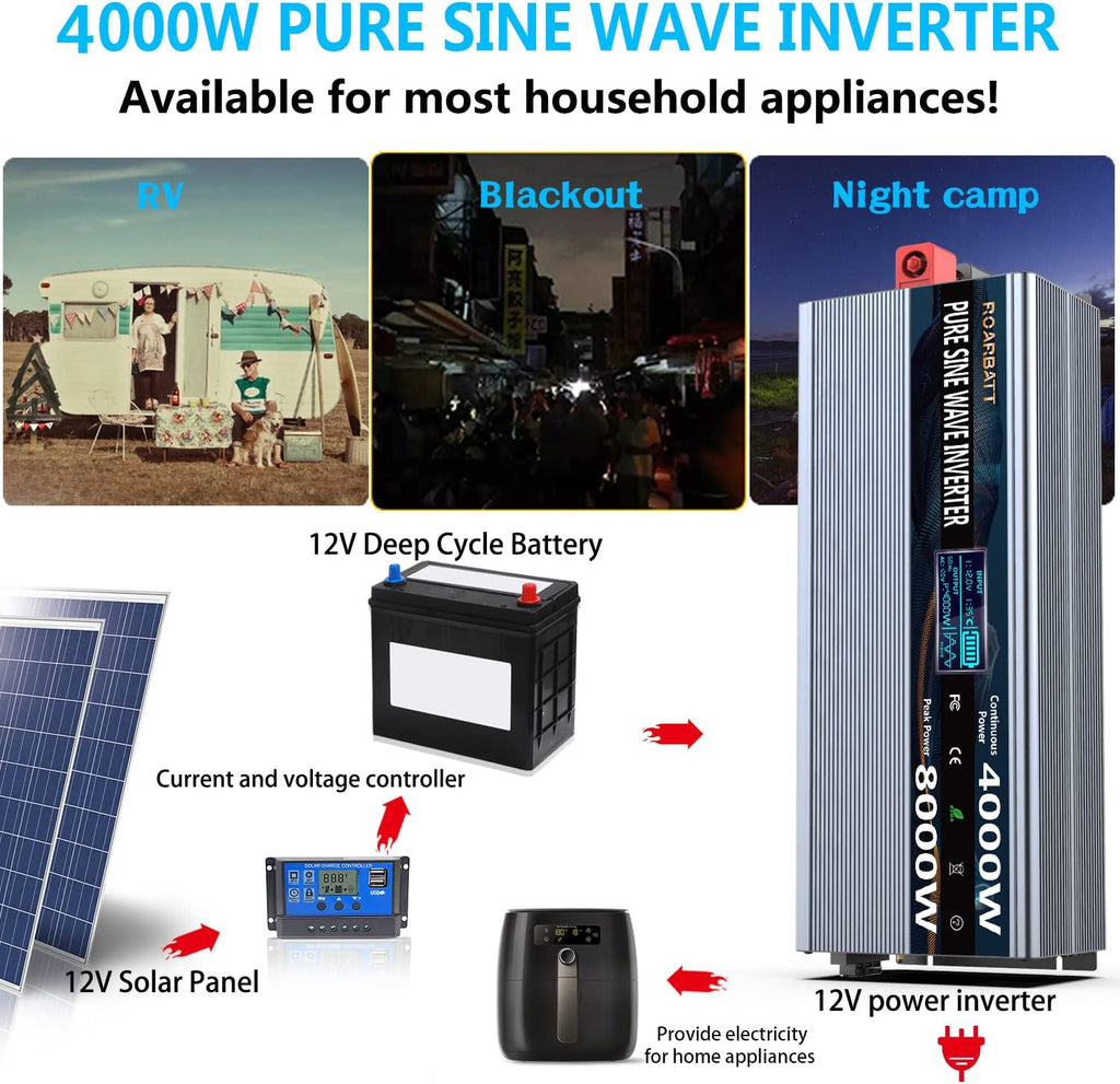 4000Watt 12V DC to AC 110V Power Inverter with Remote Control 4 AC Outlets and Dual USB Port F4216