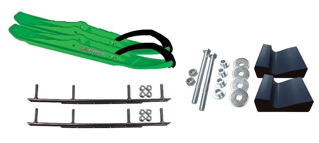 Green XCS Snowmobile Skis with 10" Round Bars Complete Kit A3345