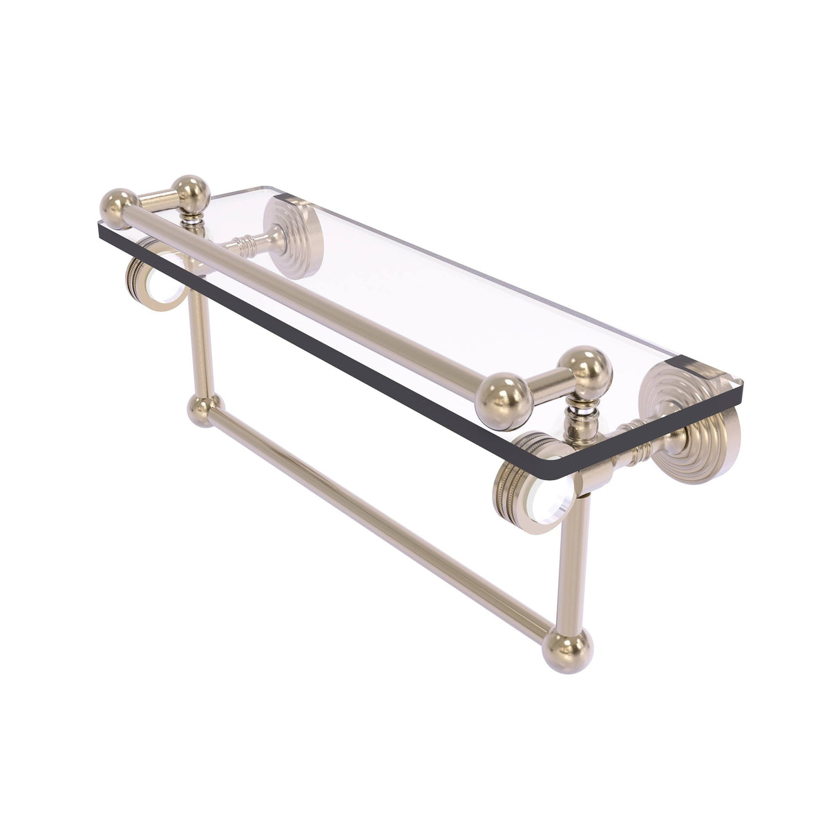 Antique Pewter Glass Shelf with Gallery Rail and Towel Bar N67348