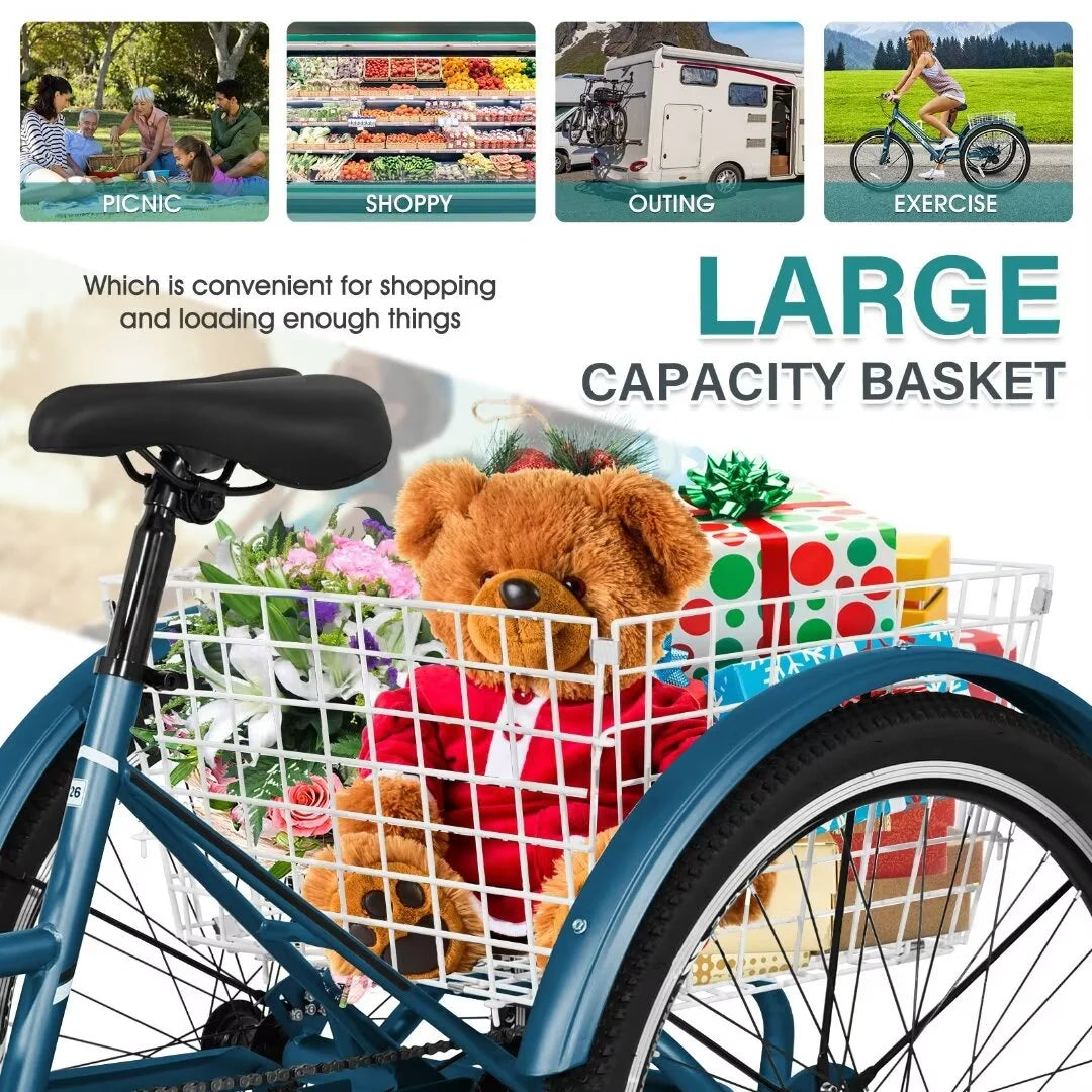 Adult Tricycle 7 Speed 26 Inch Three Wheel Bike with Shopping Basket D802392