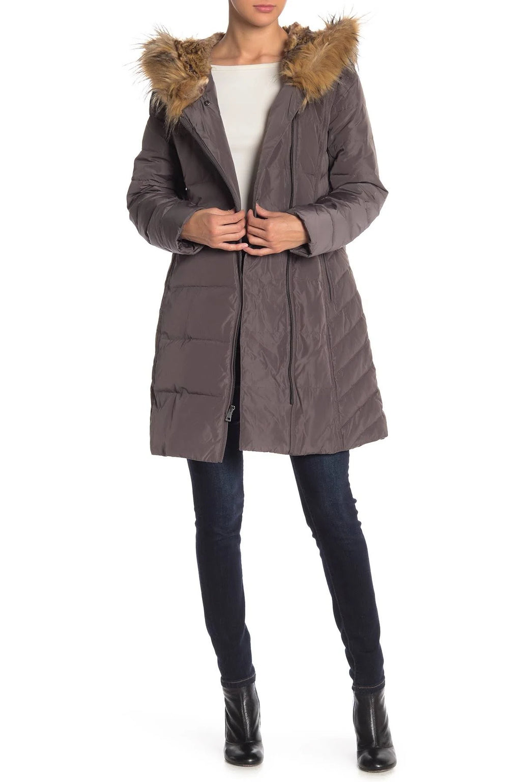 Faux-Fur-Trim Hooded Asymmetrical Down Puffer Coat C352689