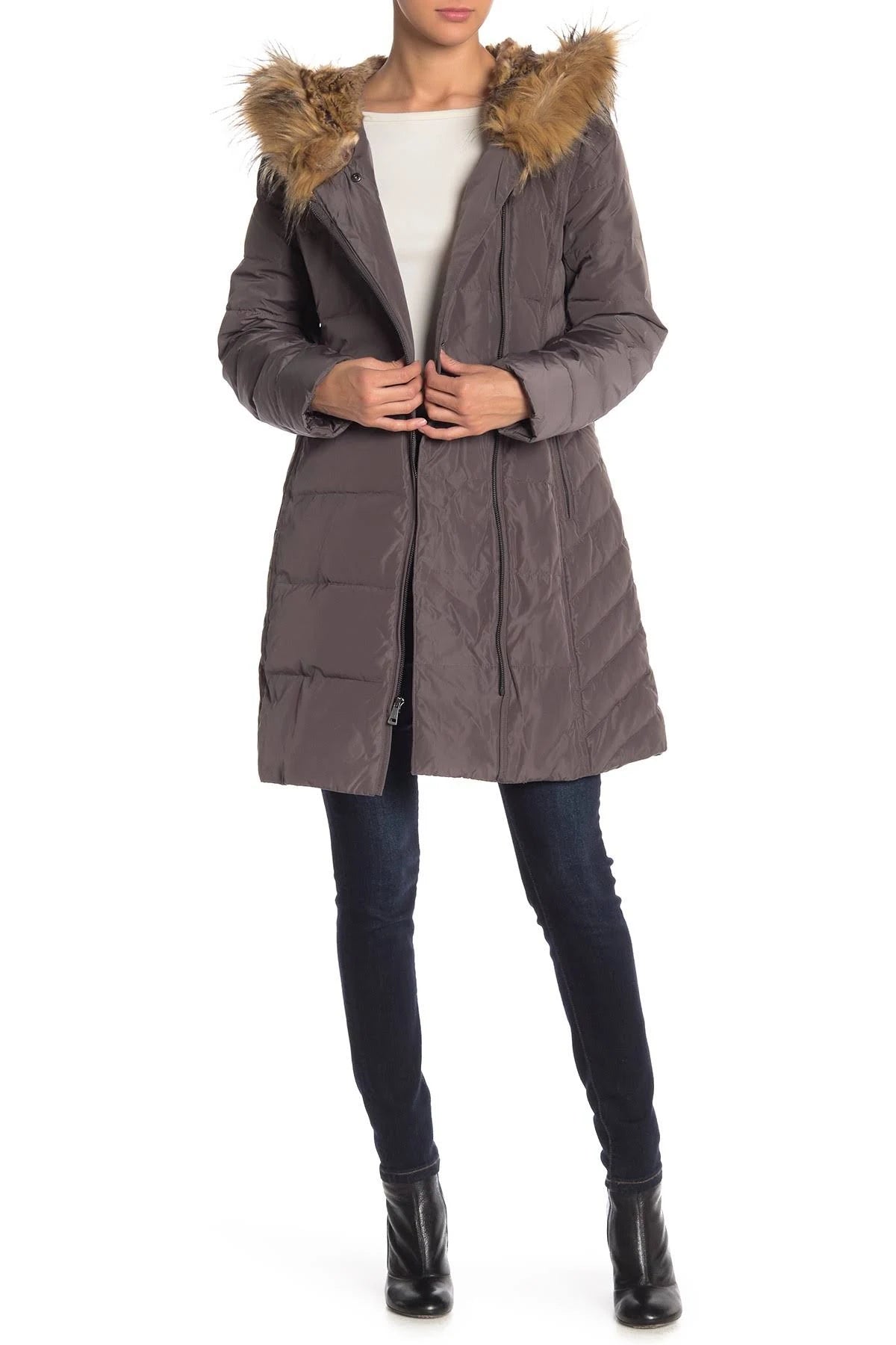 Faux-Fur-Trim Hooded Asymmetrical Down Puffer Coat C352689