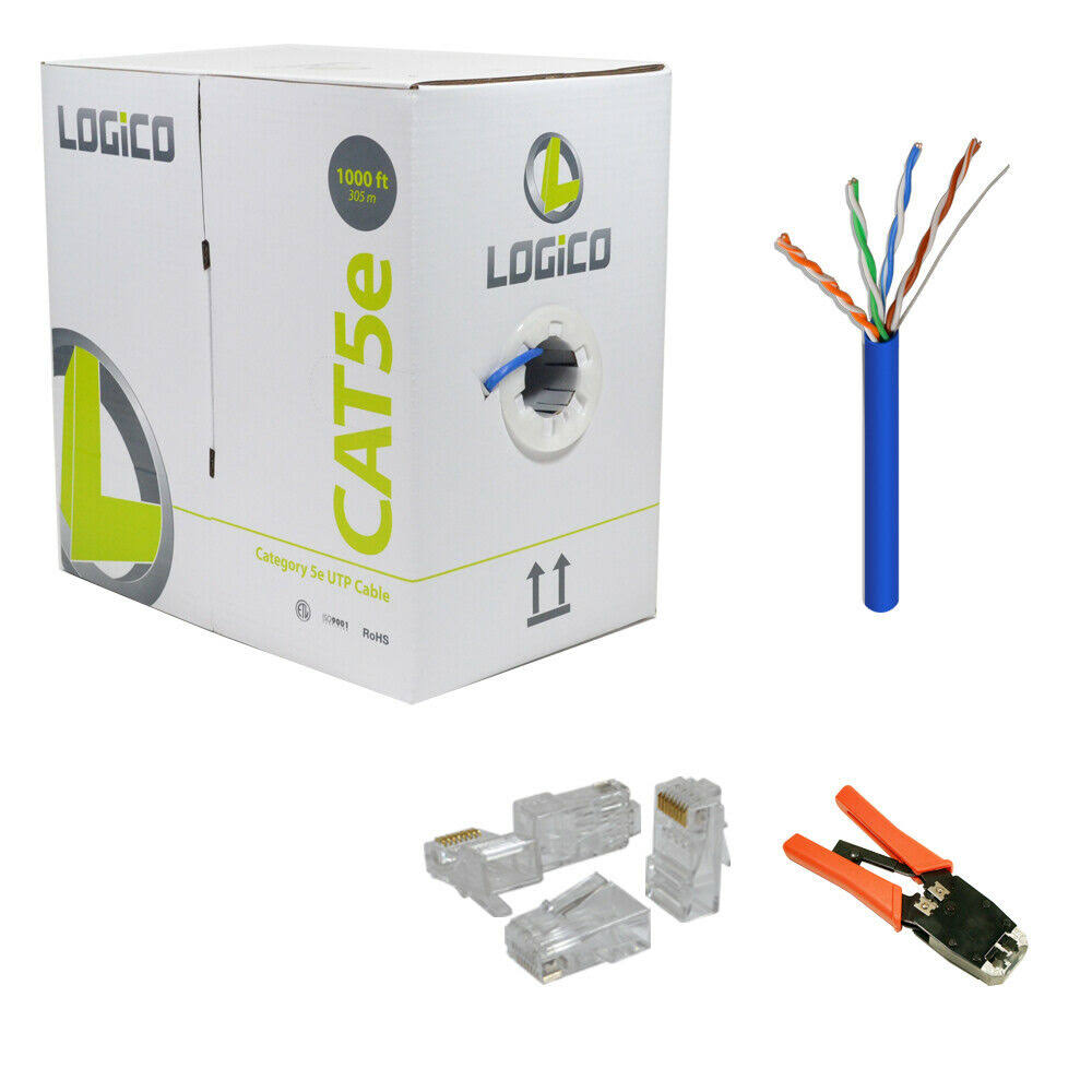 Cat5e UTP Cable 1000ft Blue with RJ45 Crimp Tool and 100 Piece RJ45 Plugs Kit K9979