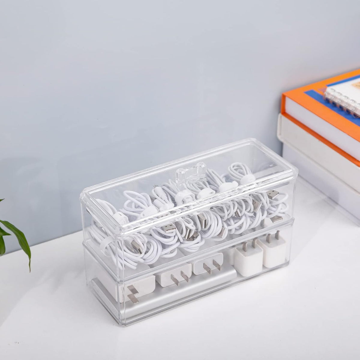 Plastic Electronics Organizer with Lid and 20 Wire Ties, Clear Cable Management Box, Stackable Desk Drawer Storage (2 Pack) V4937