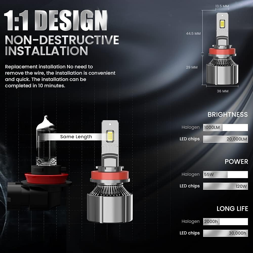 H11 LED Headlight Bulbs 6500K Cold White Conversion Kit Pack of 2 K939