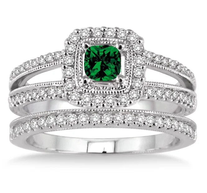Emerald & Diamond Halo Bridal Ring on 10k White Gold G5087