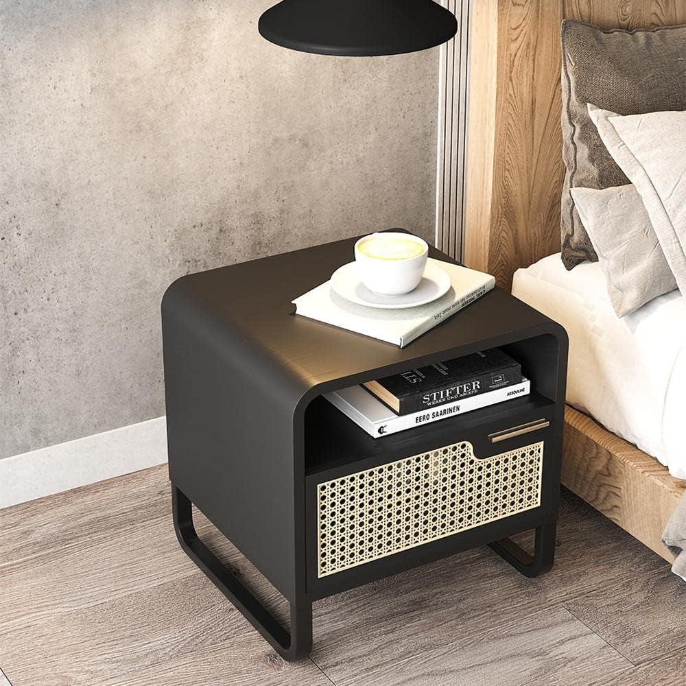 Black Rattan Woven Nightstand with 1 Drawer G938