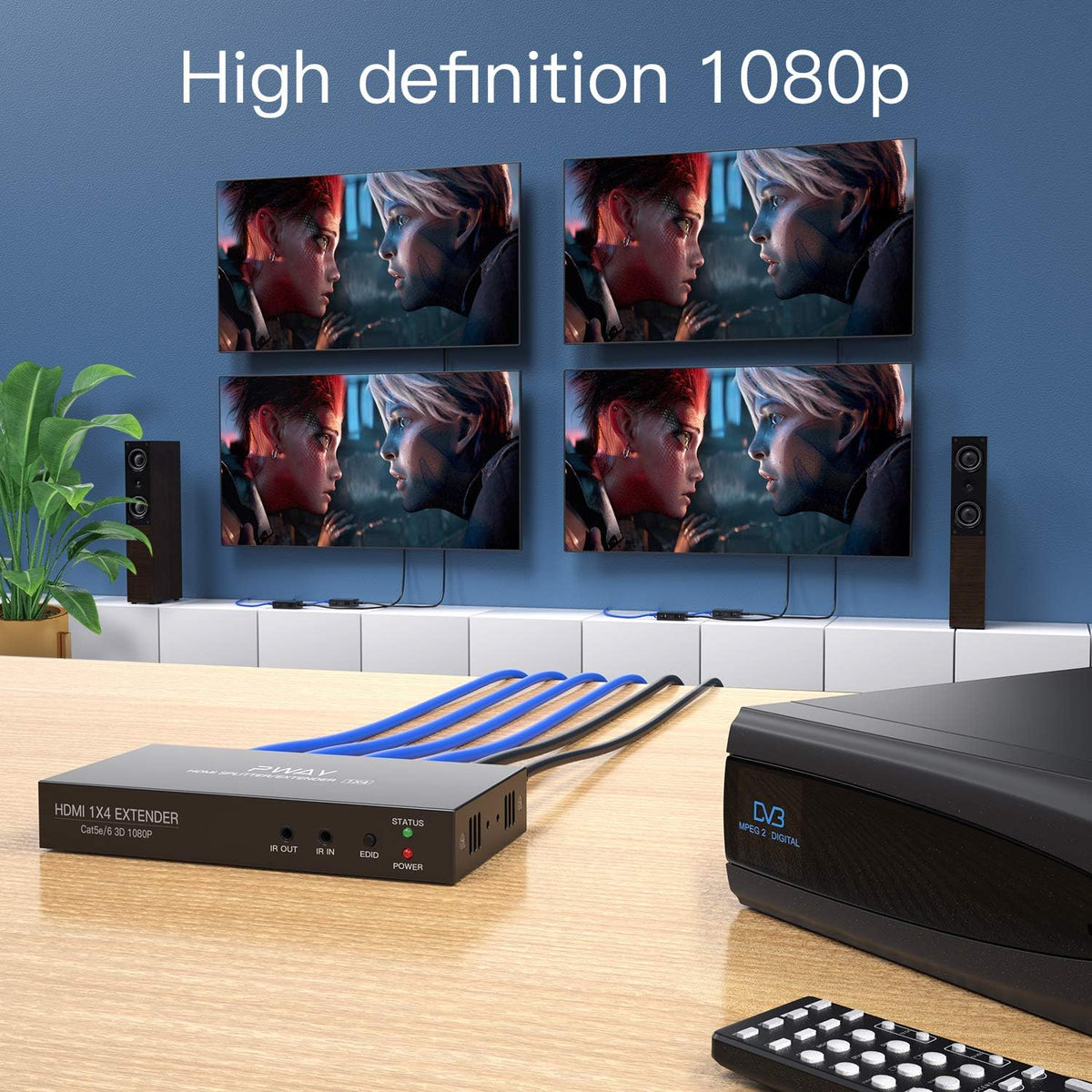 1x4 HDMI Extender Splitter 1080P Over Ethernet Cat5 Cat5e Cat6 I1916