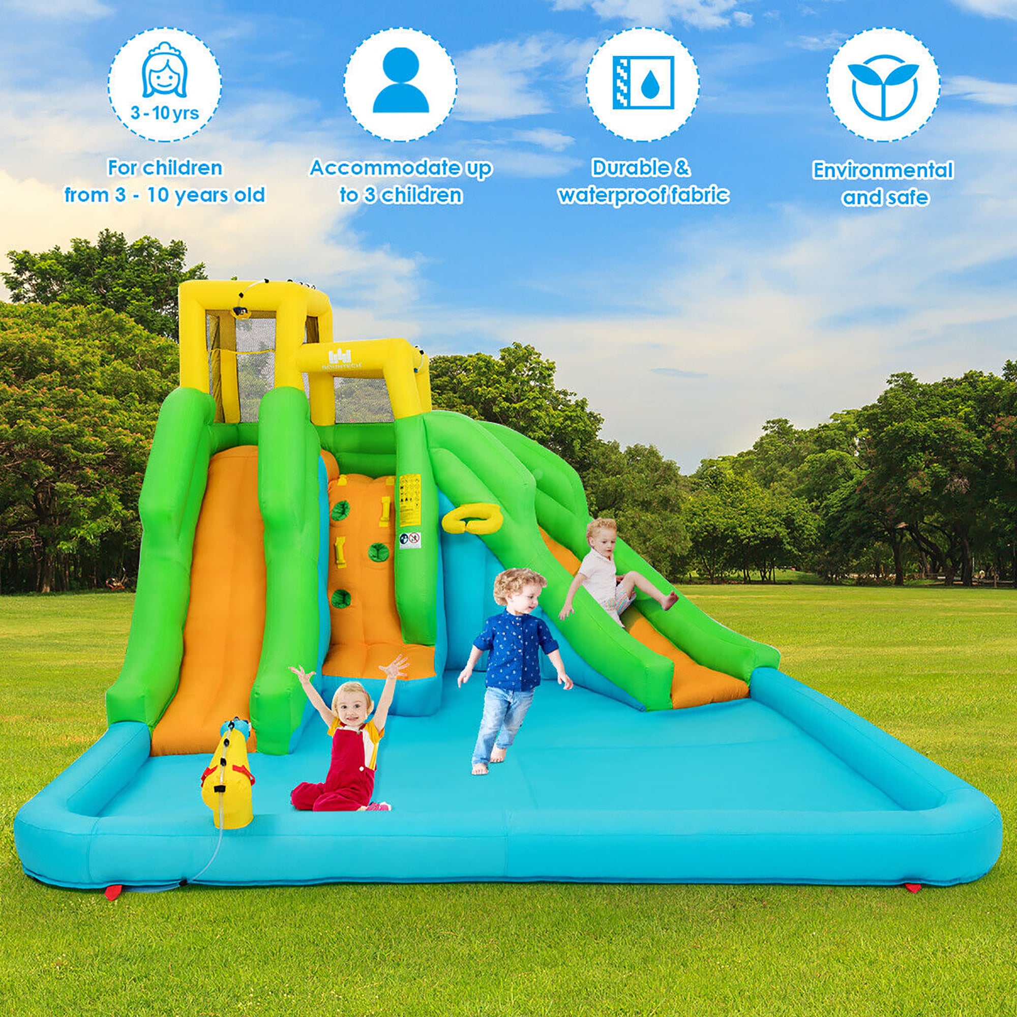 Inflatable Water Park Bounce House Two-Slide Bouncer with Climbing Wall and 550W Blower W57437