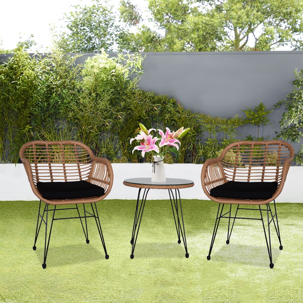 3 Piece Wicker Patio Conversation Set with Glass Side Table and Cushioned Chairs M1753
