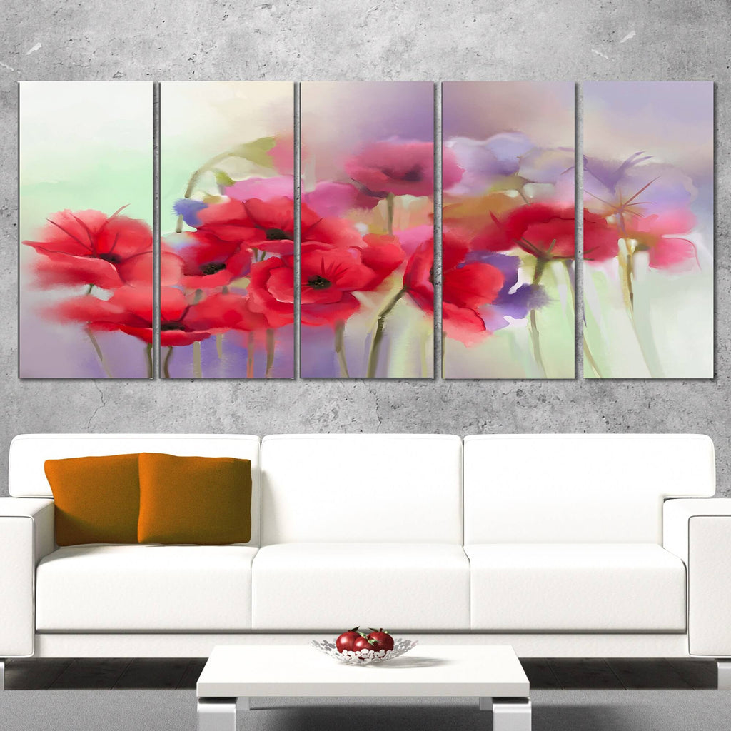 Watercolor Red Poppy Flowers Painting Print on Wrapped Canvas O9305