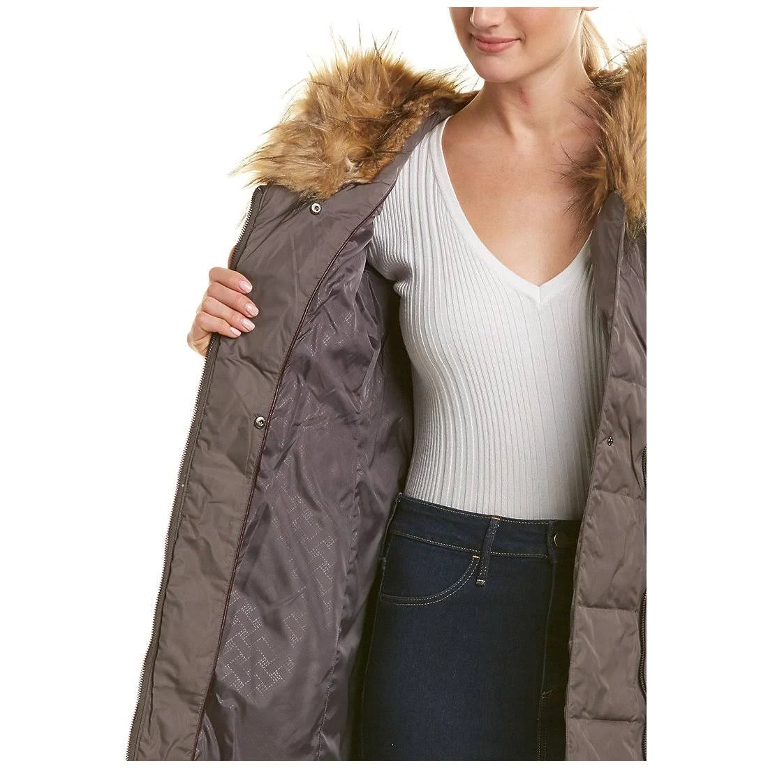 Faux-Fur-Trim Hooded Asymmetrical Down Puffer Coat C352689