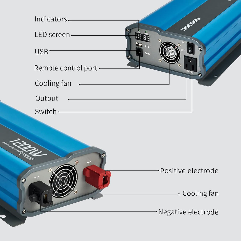 1200W Pure Sine Wave Power Inverter DC 12V to AC 110V with LED Display 2.4A USB Port H564