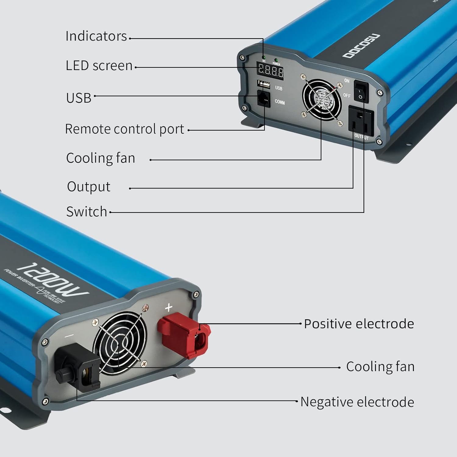 1200W Pure Sine Wave Power Inverter DC 12V to AC 110V with LED Display 2.4A USB Port H564