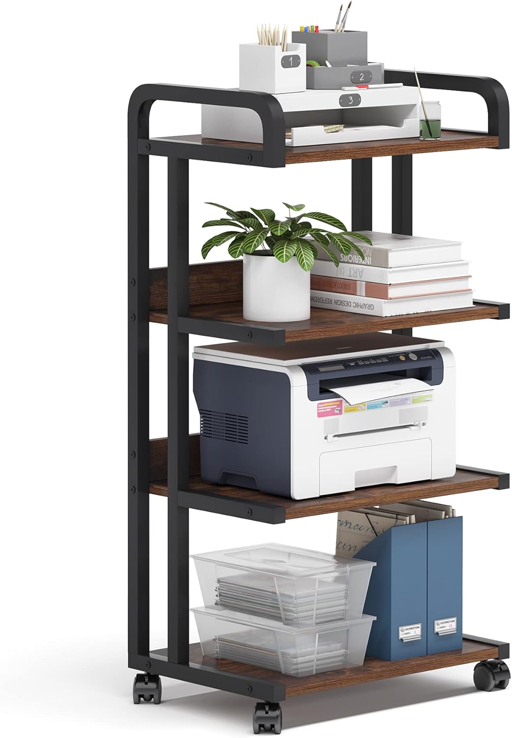 4-Shelf Mobile Printer Stand with Storage Shelves and Wheels Rustic Brown S334808