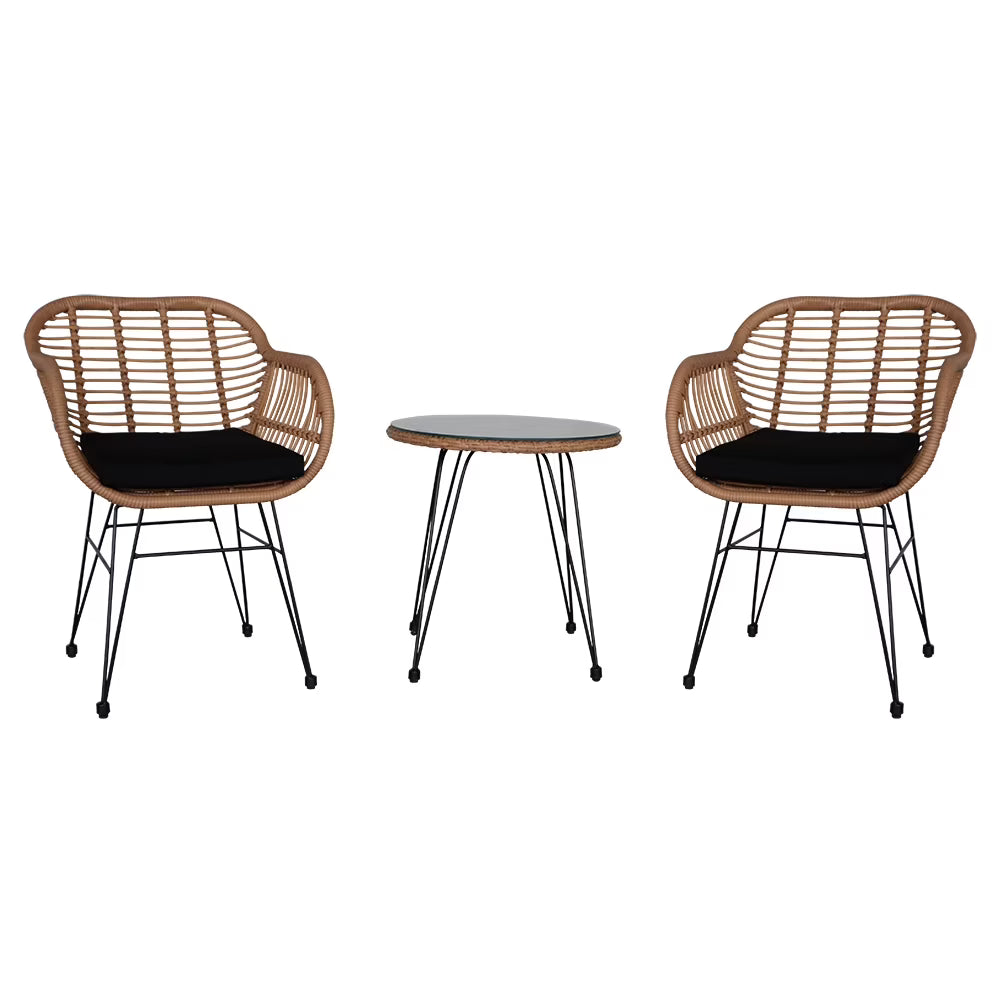 3 Piece Wicker Patio Conversation Set with Glass Side Table and Cushioned Chairs M1753