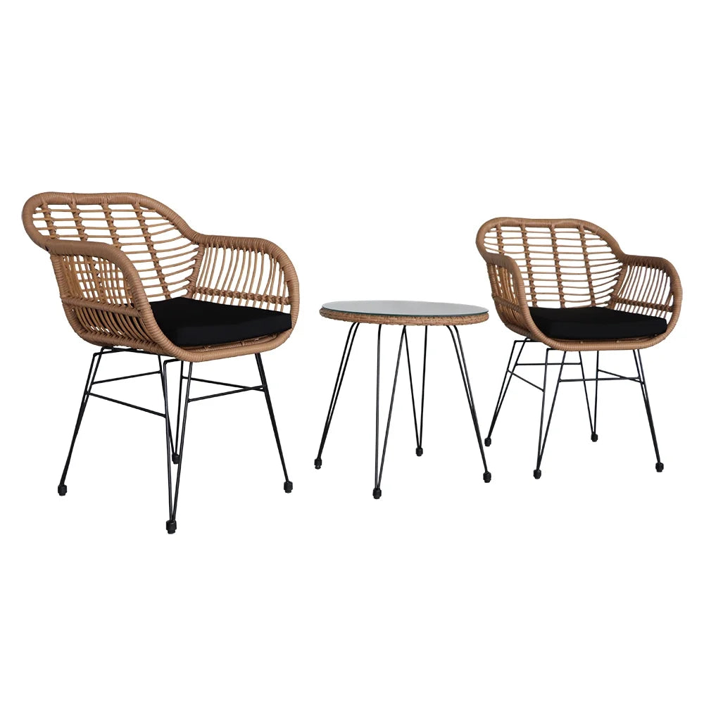 3 Piece Wicker Patio Conversation Set with Glass Side Table and Cushioned Chairs M1753