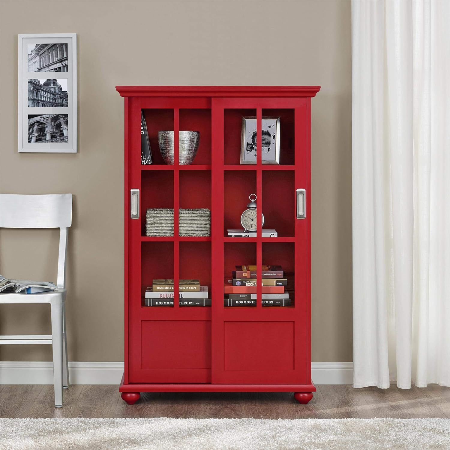Black Bookcase with Sliding Glass Doors P7960