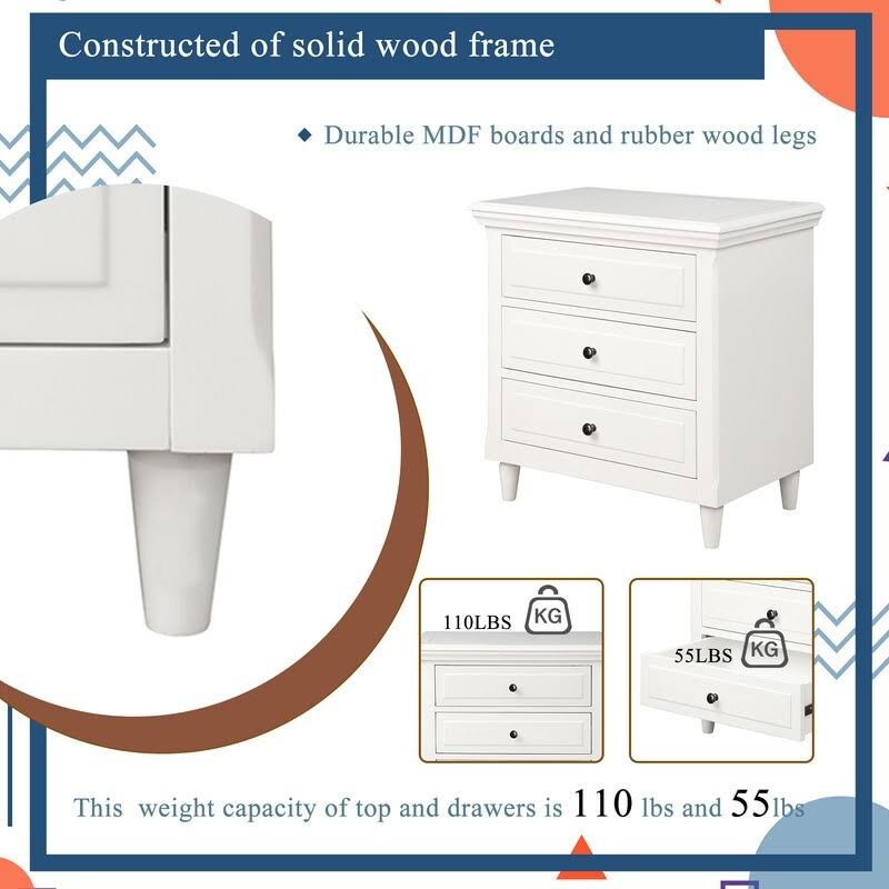Beige 3-Drawer Wood Nightstand Cabinet G3492