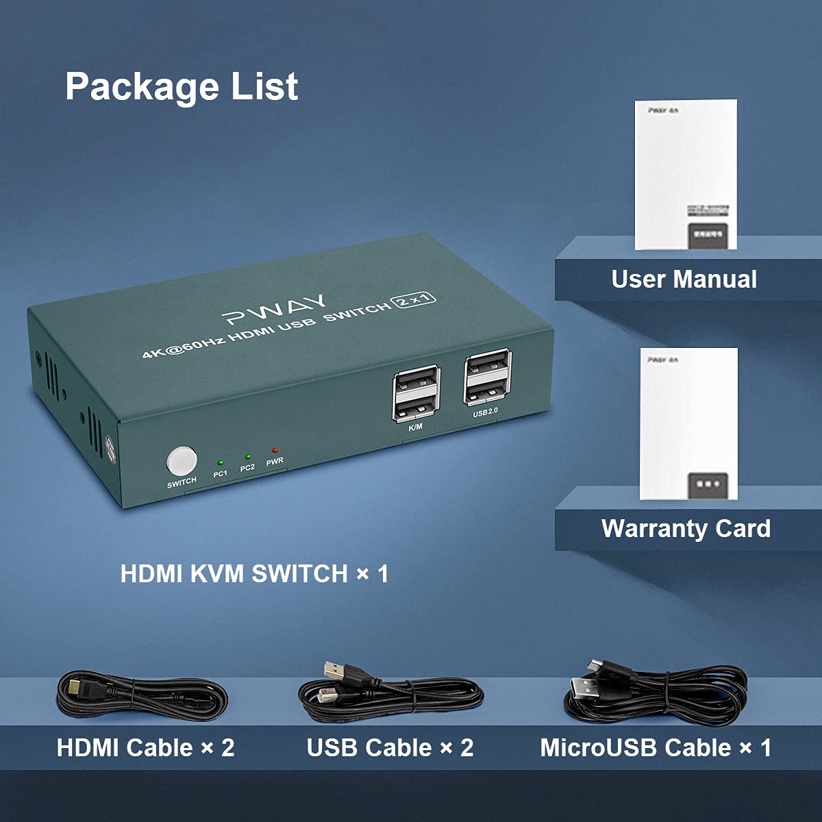 KVM Switch HDMI 2 Port, 4K@60Hz, 2 USB 2.0 Hub, with 2 HDMI and 2 USB Cables U796