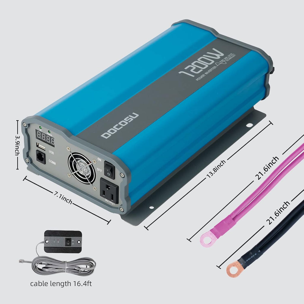 1200W Pure Sine Wave Power Inverter DC 12V to AC 110V with LED Display 2.4A USB Port H564