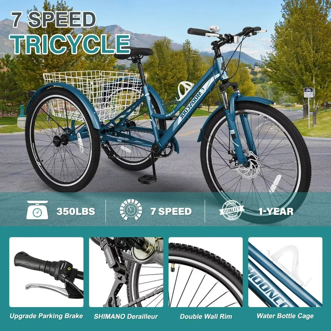 Adult Tricycle 7 Speed 26 Inch Three Wheel Bike with Shopping Basket D802392