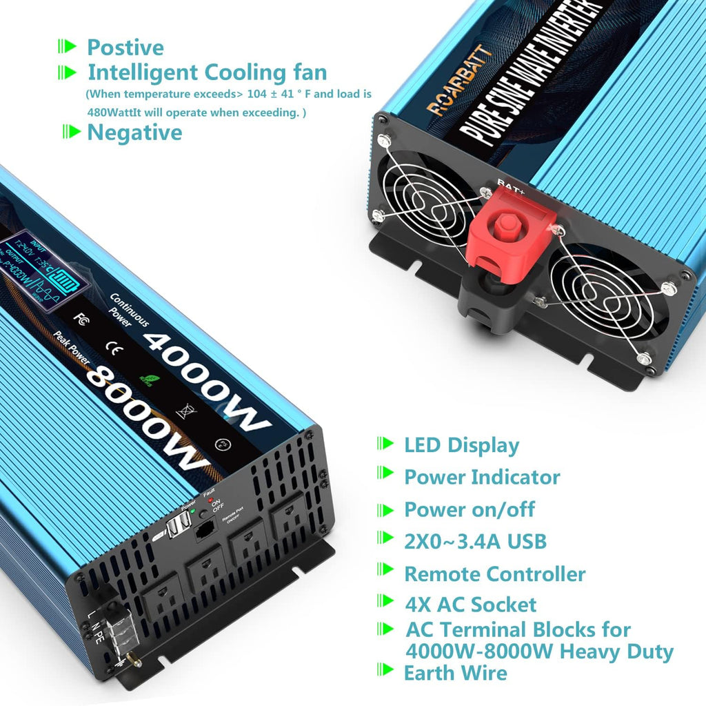 4000Watt 12V DC to AC 110V Power Inverter with Remote Control 4 AC Outlets and Dual USB Port F4216