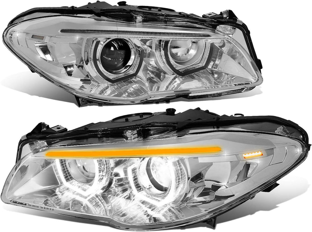 Sequential Turn Signal LED Halo Projector Headlights Assembly for BMW F10 11-13, Chrome Housing, Clear Lens E14744