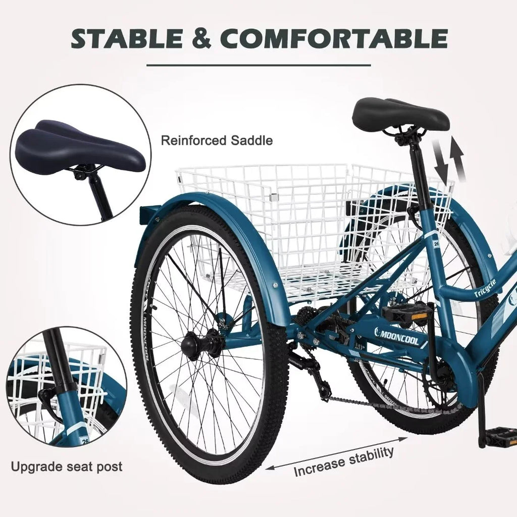 Adult Tricycle 7 Speed 26 Inch Three Wheel Bike with Shopping Basket D802392