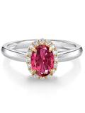 925 Sterling Silver 10k Yellow Gold Pink Tourmaline White Lab Grown Diamond Halo Engagement Ring B11285