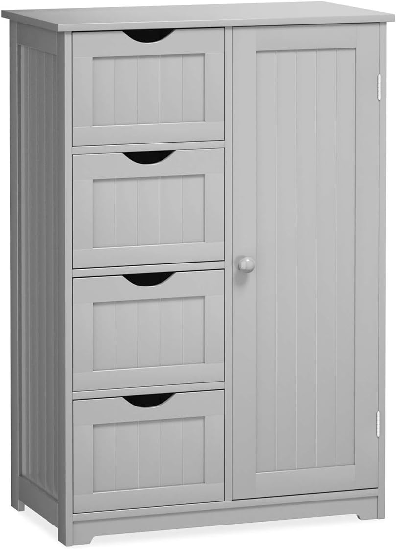 Gray Wooden Bathroom Floor Cabinet with 1 Door & 4 Drawer R24221