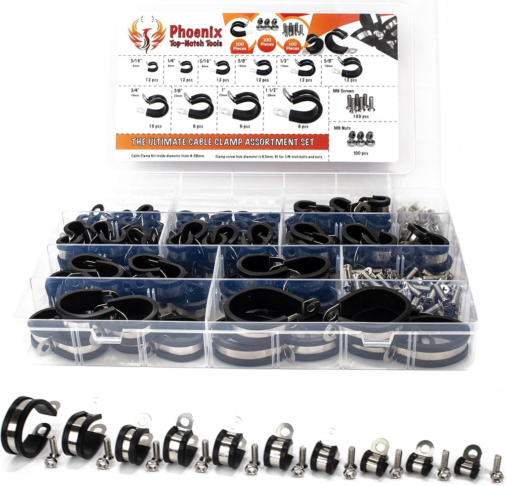 100pcs 304 Stainless Steel Rubber Insulated Cable Clamps 10 Sizes S940777