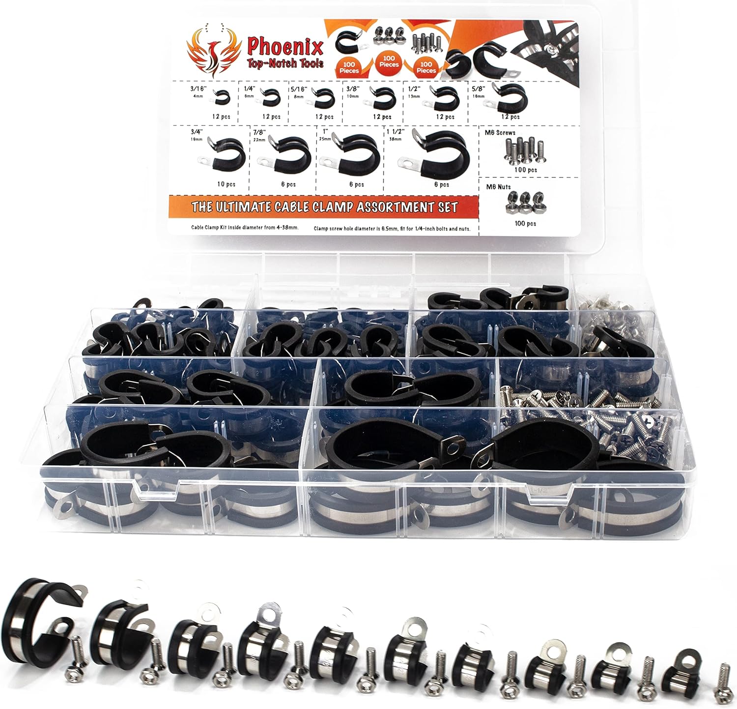 100pcs 304 Stainless Steel Rubber Insulated Cable Clamps 10 Sizes S940777