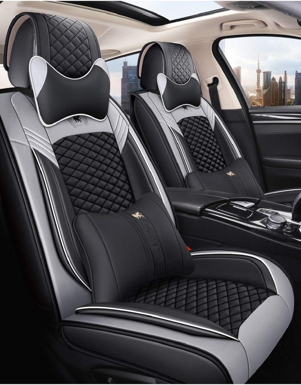 Lu Black & Red Leather Car Seat Covers 5 Seats Full Set R57476