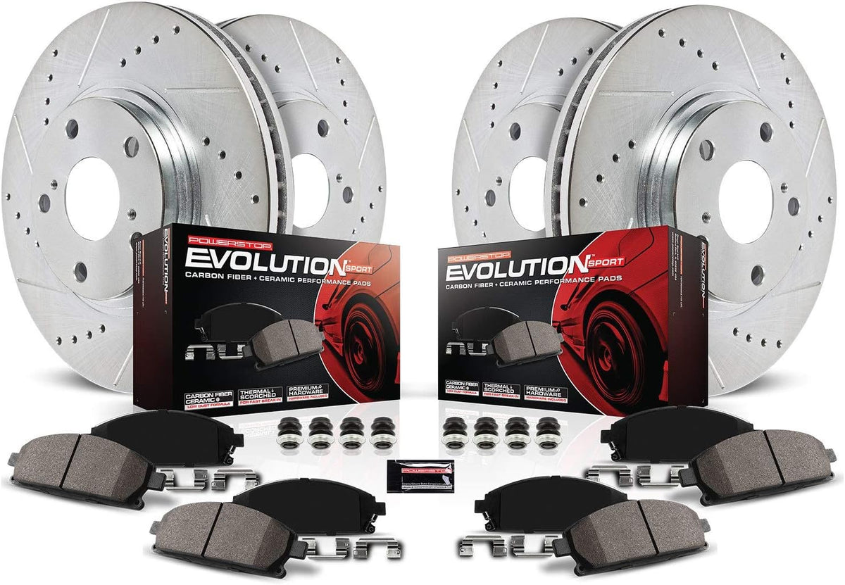 Front and Rear Carbon Fiber Brake Pads with Drilled & Slotted Brake Rotors Kit B505