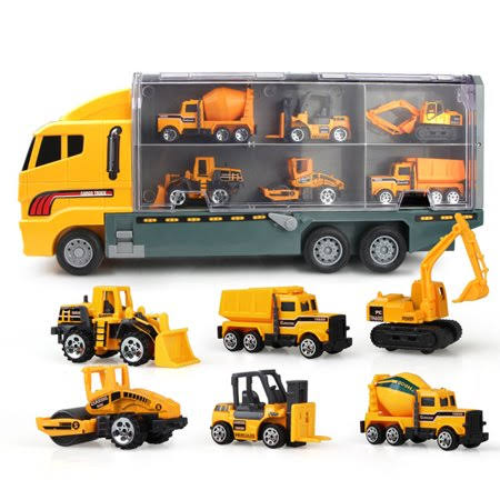 Beige Carrier Truck Toy Car Transporter with 6 Metal Cars E284
