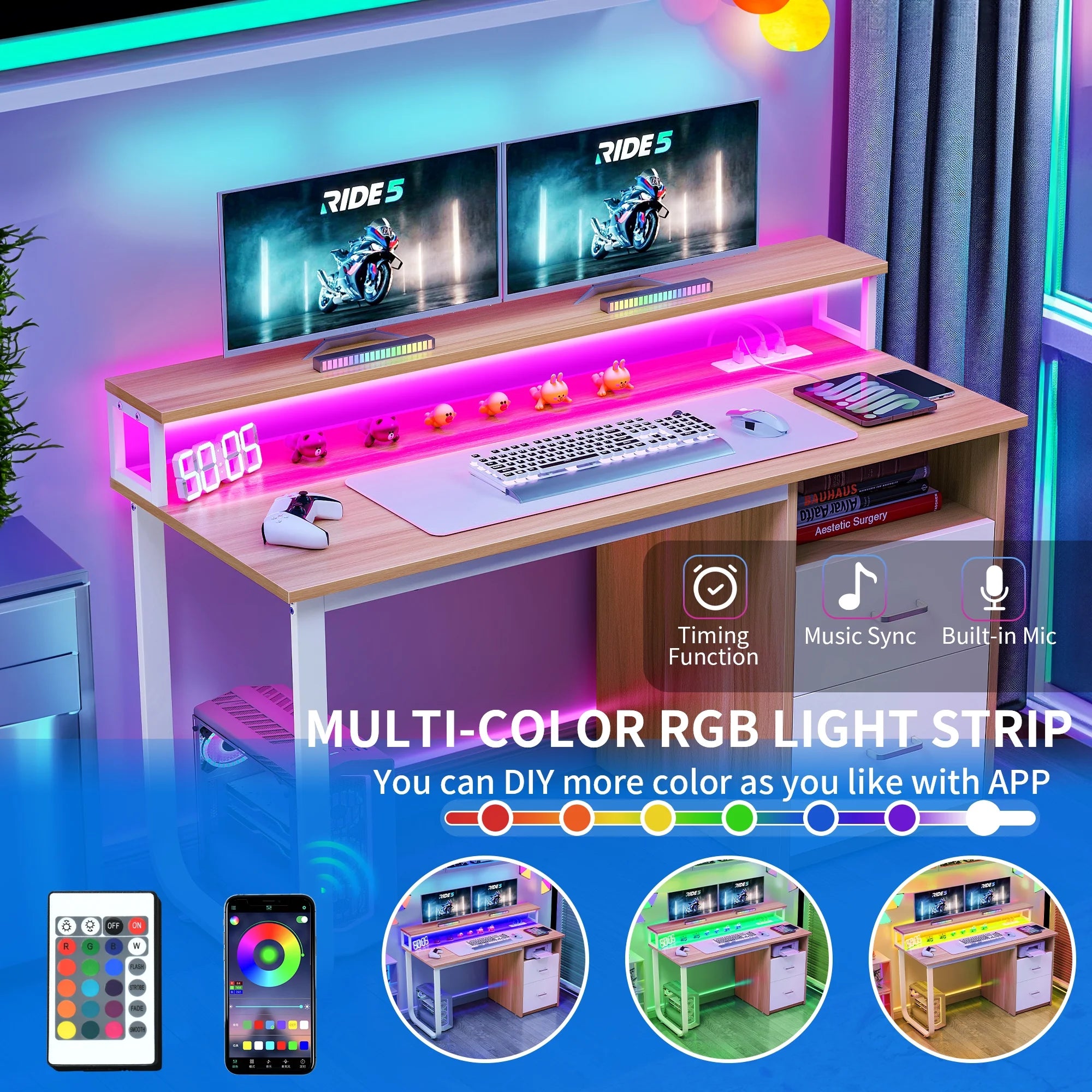 47 inch Computer Desk with Storage Drawers & LED Light, Monitor Stand & Power Outlets V725574