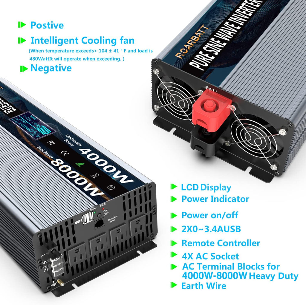 4000Watt 12V DC to AC 110V Power Inverter with Remote Control 4 AC Outlets and Dual USB Port F4216