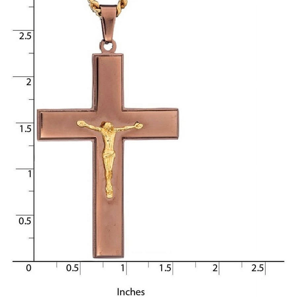 Stainless Steel Chocolate IP Brown-Tone Cross Crucifix with Gold-Tone Jesus, 24" Chain Z53358
