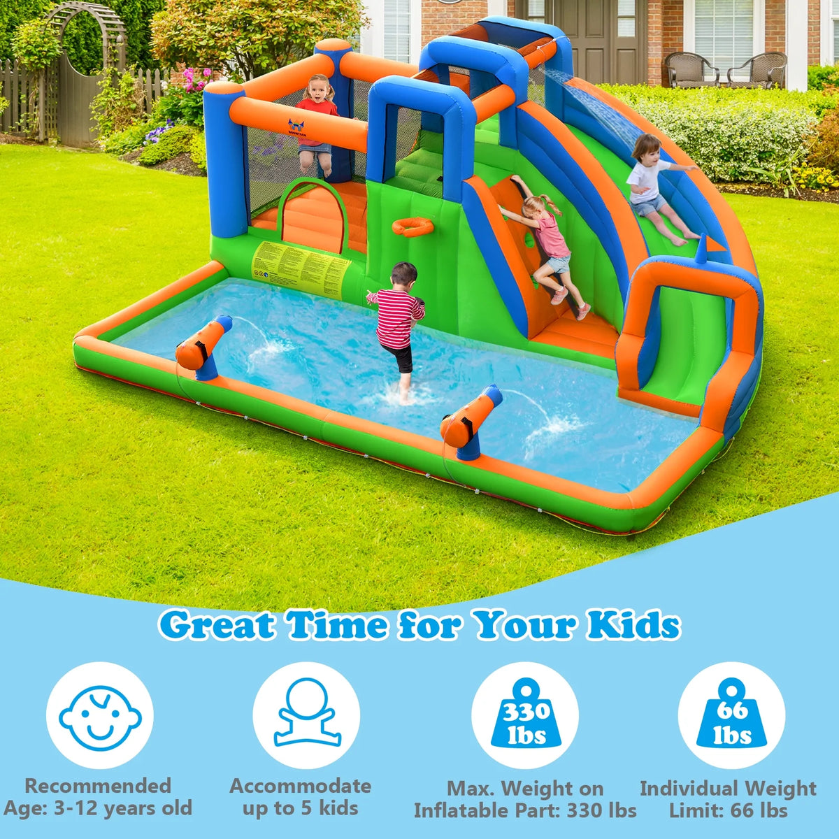 Inflatable Water Slide Bounce Castle with Dual Climbing Walls & 750W Blower A619