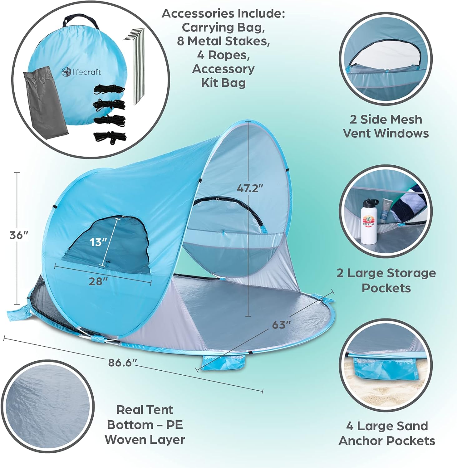 Blue Pop Up Beach Tent 3 4 Person Sun Shelter with UPF 50+ UV Protection F966