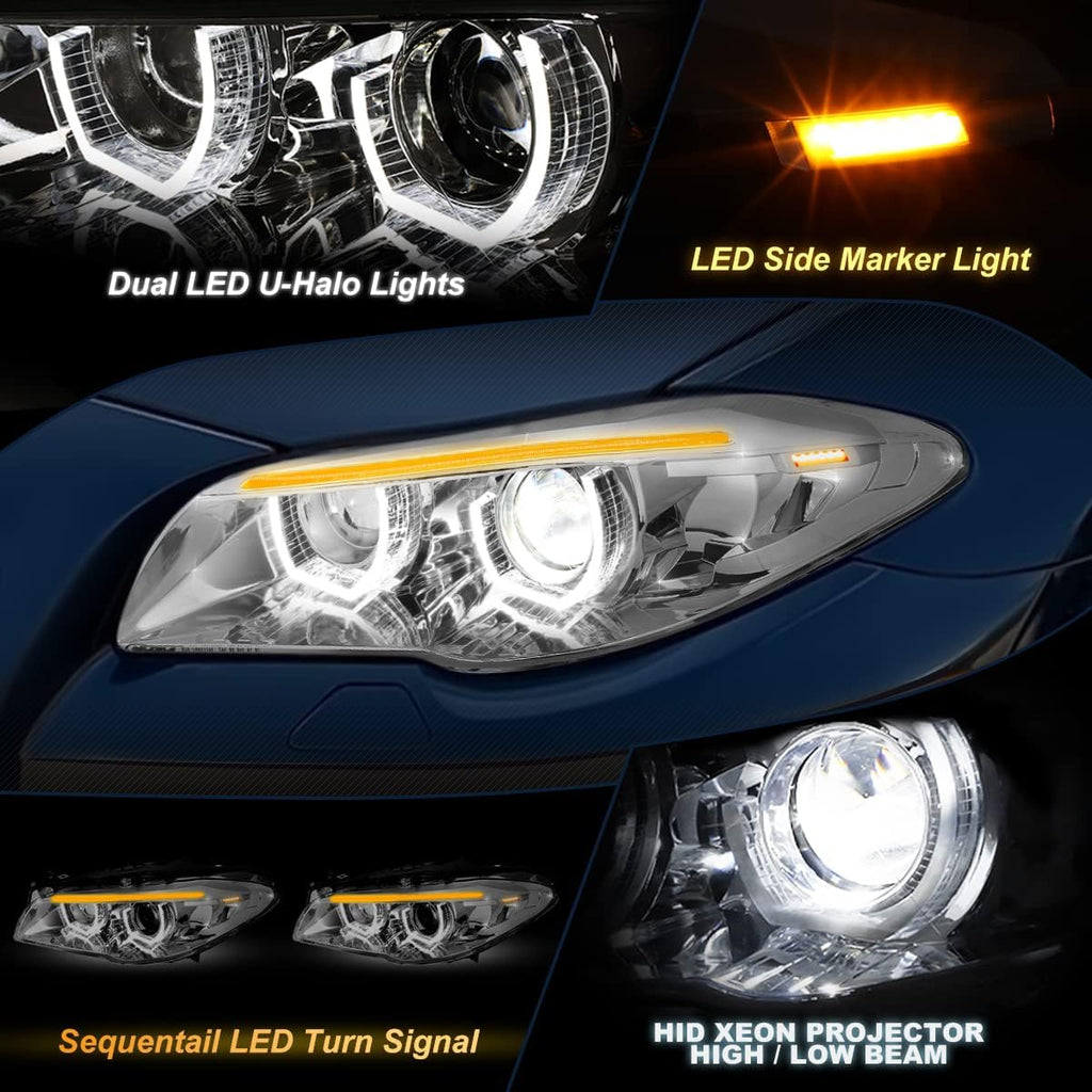 Sequential Turn Signal LED Halo Projector Headlights Assembly for BMW F10 11-13, Chrome Housing, Clear Lens E14744